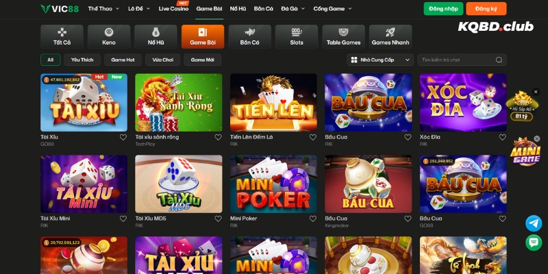 Sảnh game bài hiện đại với hàng loạt tựa game đình đám trên thị trường