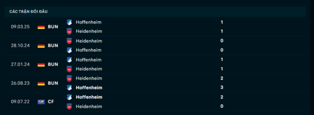 Lịch sử đối đầu Hoffenheim vs Heidenheim
